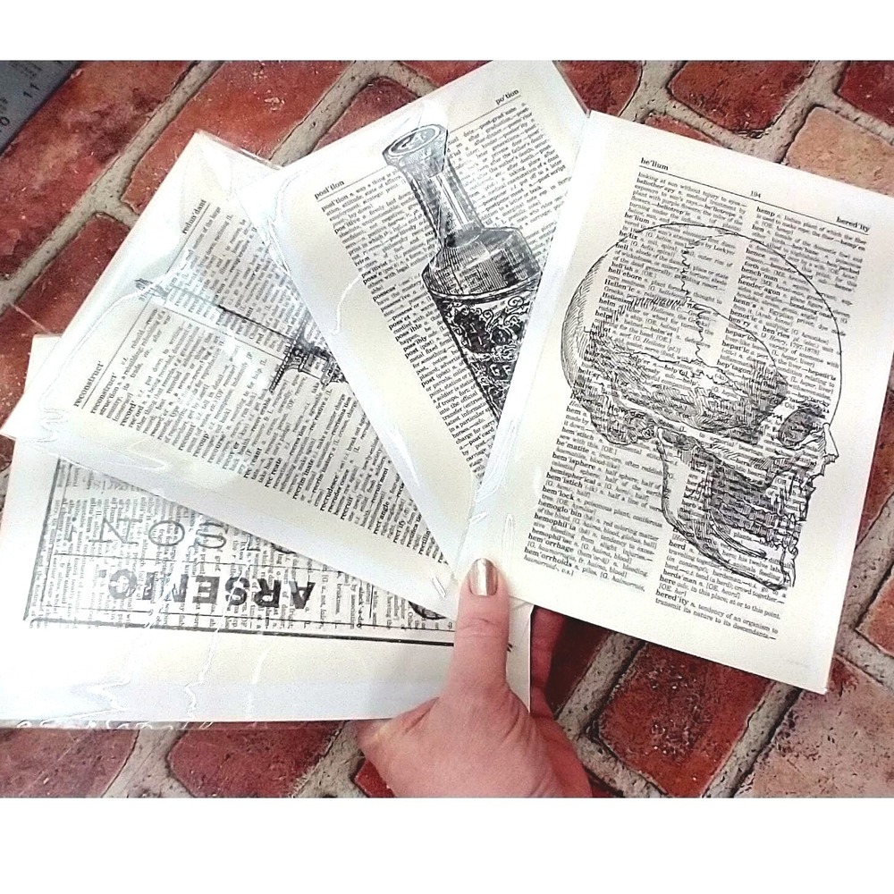 FIENDISH Skull Poison Halloween - Upcycled Dictionary Art Prints - Lot of 4